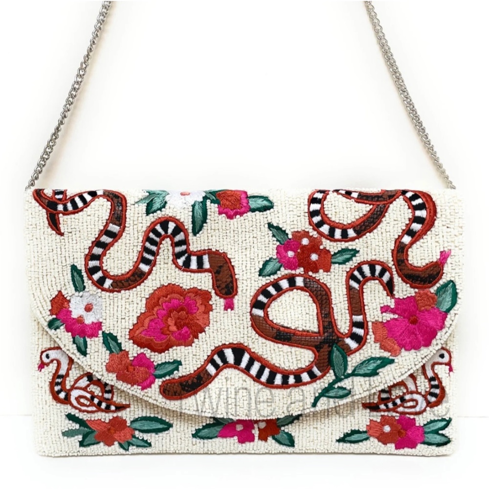 Handmade Floral and Snake Beaded Clutch Purse. Made in California